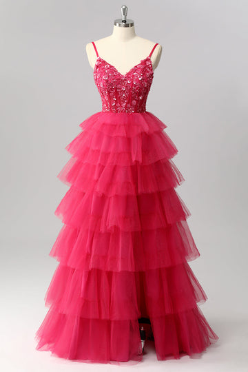 Robe de bal longue à plusieurs niveaux fuchsia scintillante avec appliques